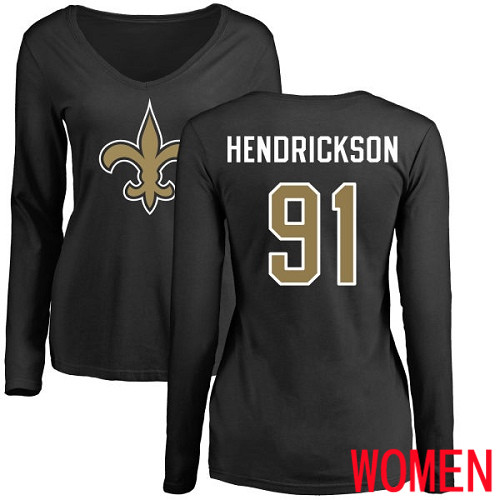 New Orleans Saints Black Women Trey Hendrickson Name and Number Logo Slim Fit NFL Football #91 Long Sleeve T Shirt->women nfl jersey->Women Jersey
